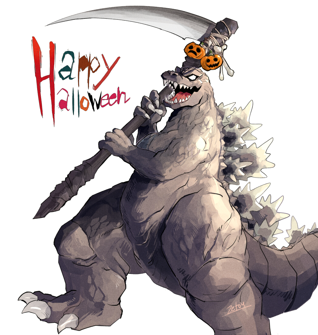 bone claws english_text evil_smile giant giant_monster godzilla godzilla,_mothra_and_king_ghidorah:_giant_monsters_all-out_attack godzilla_(series) halloween happy_halloween jack-o&#039;-lantern kaiju looking_at_viewer monster no_humans no_pupils open_mouth possessed possession pumpkin scythe sharp_teeth simple_background smile spikes tail teeth toho tongue tsk03 weapon white_background white_eyes