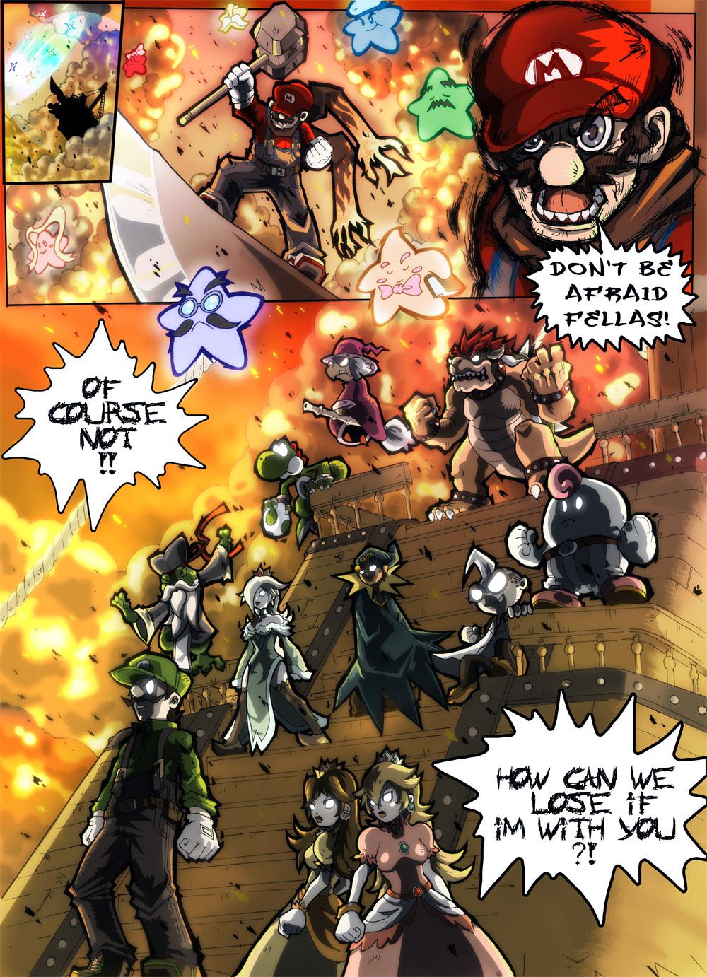 3boys 3girls blonde_hair bowser brown_hair comic earrings eldstar english_text facial_hair food frogfucius fruit geno_(mario) glowing glowing_eyes hair_over_one_eye hammer highres jewelry kalmar kammy_koopa klevar luigi luigi&#039;s_mansion mallow_(mario) mamar mario mario_(series) misstar multiple_boys multiple_girls muskular mustache nintendo novanim paper_mario paper_mario_64 parody princess_daisy princess_peach professor_elvin_gadd rosalina skolar star_(symbol) star_spirits super_mario_galaxy super_mario_land super_mario_rpg tengen_toppa_gurren_lagann yoshi