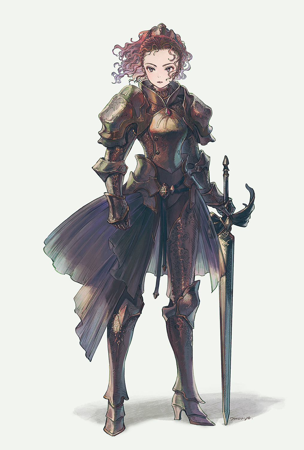 1girl armor armored_boots boots breastplate broadsword fantasy faulds female_focus female_knight full_body gauntlets high_heels highres holding holding_sword holding_weapon knight moryo original pauldrons red_hair shoulder_armor signature simple_background solo standing sword wavy_hair weapon white_background