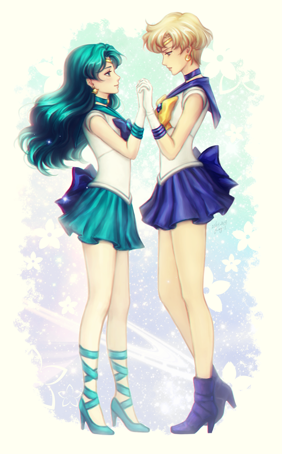 2girls aqua_hair back_bow bishoujo_senshi_sailor_moon blonde_hair blue_bow blue_choker blue_neckwear blue_sailor_collar blue_skirt bow choker circlet collared_shirt couple earrings eye_contact floating_hair full_body gloves green_choker green_ribbon green_sailor_collar green_skirt high_heels holding holding_gloves holding_unworn_clothes jewelry kaiou_michiru kay-i leg_ribbon long_hair looking_at_another miniskirt multiple_girls pleated_skirt profile pumps ribbon sailor_collar sailor_neptune sailor_senshi_uniform sailor_shirt sailor_uranus shirt short_sleeves skirt standing ten&#039;ou_haruka unworn_gloves very_long_hair white_gloves white_shirt yellow_neckwear yuri