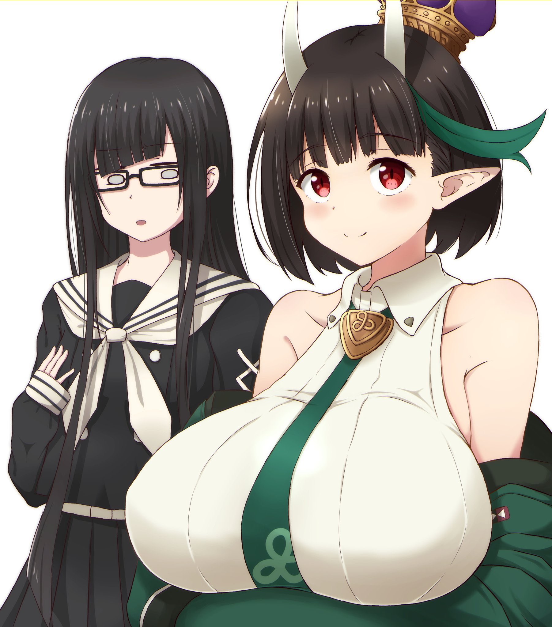 2girls bare_shoulders belt biscione_(fate) biscione_(second_ascension)_(fate) black_hair black_serafuku black_shirt black_skirt blush breasts collared_dress crown dragon_girl dress empty_eyes fate/grand_order fate_(series) glasses green_jacket grey_eyes highres horns huge_breasts jacket kurohime_(fate) large_breasts long_hair long_sleeves looking_at_viewer medium_breasts mini_crown multicolored_hair multiple_girls neckerchief necktie off_shoulder open_clothes pointy_ears red_eyes sailor_collar scar scar_across_eye scar_on_face school_uniform serafuku shirt short_hair sidelocks skirt smile sotomichi streaked_hair very_long_hair white_dress white_sailor_collar