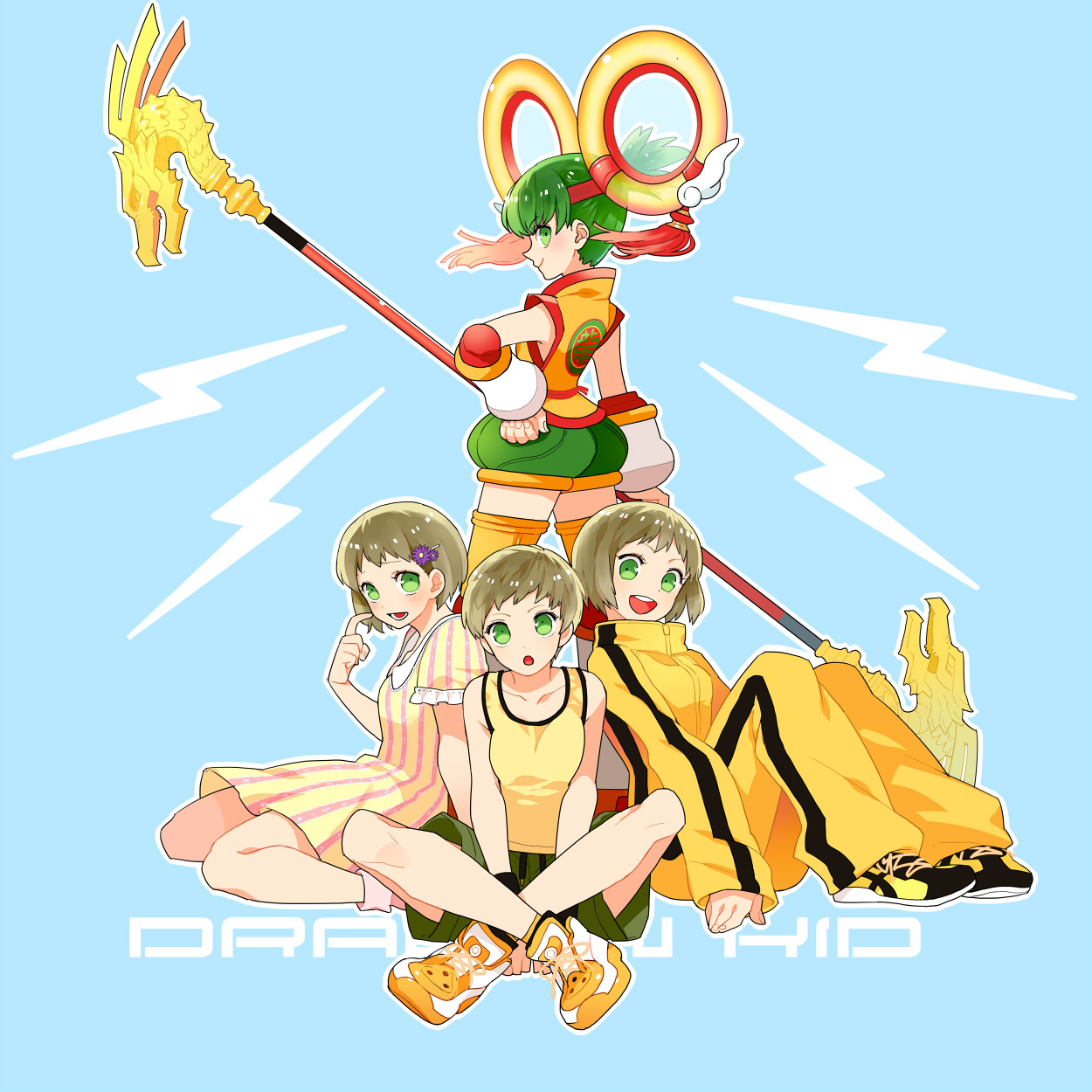 10s 4girls blonde_hair bruce_lee&#039;s_jumpsuit chinese_clothes detached_sleeves dragon_kid dress green_eyes green_hair gum_(gmng) gumidemo_kandero hat highres huang_baoling multiple_girls multiple_persona short_hair shorts superhero_costume tank_top thighhighs tiger_&amp;_bunny