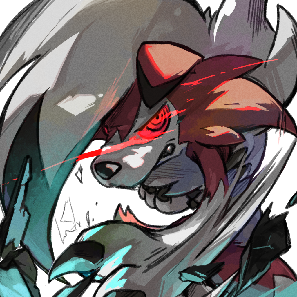 claws clonoquen colored_sclera commentary_request eye_trail game_freak gen_7_pokemon light_trail lycanroc lycanroc_(midnight) motion_blur nintendo pokemon pokemon_(creature) pokemon_focus red_eyes red_sclera solo swiping white_background white_fur