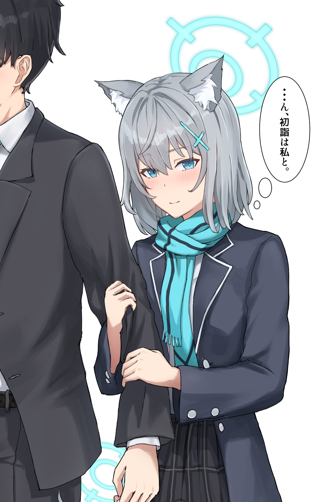 1boy 1girl aisumegane animal_ears black_hair black_skirt black_suit blue_archive blue_eyes blue_halo blue_scarf blush formal_clothes grabbing_another's_arm grey_hair hair_ornament hairclip halo heterochromia highres looking_at_viewer scarf sensei_(blue_archive) sensei_(blue_archive_the_animation) shiroko_(blue_archive) shirt short_hair skirt suit translation_request white_shirt wolf_ears