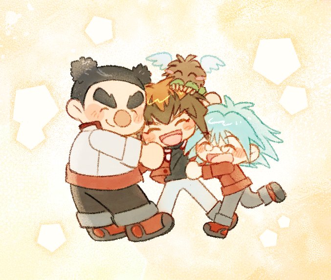 3boys black_hair black_pants black_shirt blue_hair blush_stickers brown_hair chibi chibi_only closed_eyes closed_mouth duel_academy_uniform_(yu-gi-oh!_gx) duel_monster full_body glasses hug jacket maeda_hayato male_focus marufuji_sho miraiir0 multiple_boys open_clothes open_jacket open_mouth pants red_jacket shirt short_hair thick_eyebrows white_pants winged_kuriboh yu-gi-oh! yu-gi-oh!_gx yuki_judai