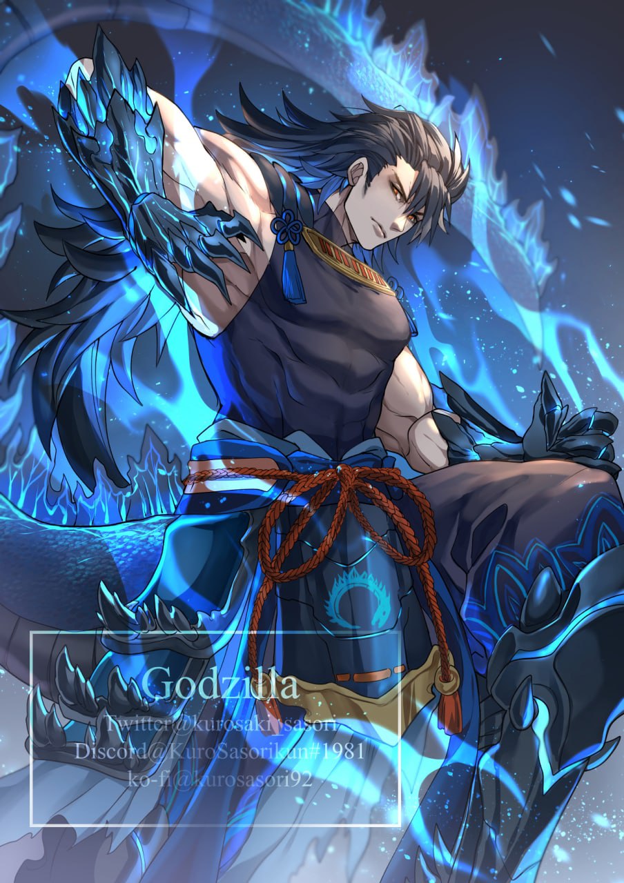 1boy armor aura black_hair clawed_gauntlets crossover elbow_spikes godzilla godzilla:_king_of_the_monsters godzilla_(2014) godzilla_(monsterverse) godzilla_(series) godzilla_vs._kong godzilla_x_kong:_the_new_empire highres king_kong_(series) kurosaki_sasori legendary_pictures long_hair monsterverse muscular muscular_male personification ponytail solo tail toho yellow_eyes