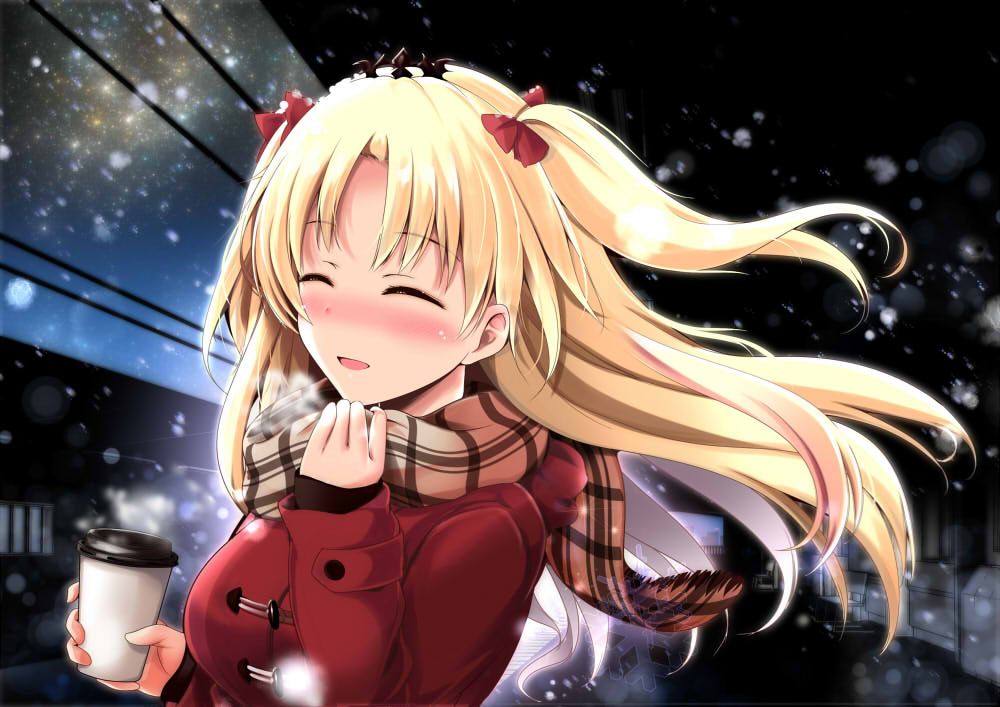 1girl alternate_breast_size blonde_hair blush bow breasts casual closed_eyes coat commentary_request cup disposable_coffee_cup disposable_cup ereshkigal_(fate) fate/grand_order fate_(series) hair_bow holding holding_cup kiki_(koikuchikinako) large_breasts open_mouth plaid_clothes plaid_scarf red_bow red_coat scarf smile snowing solo tiara two_side_up upper_body