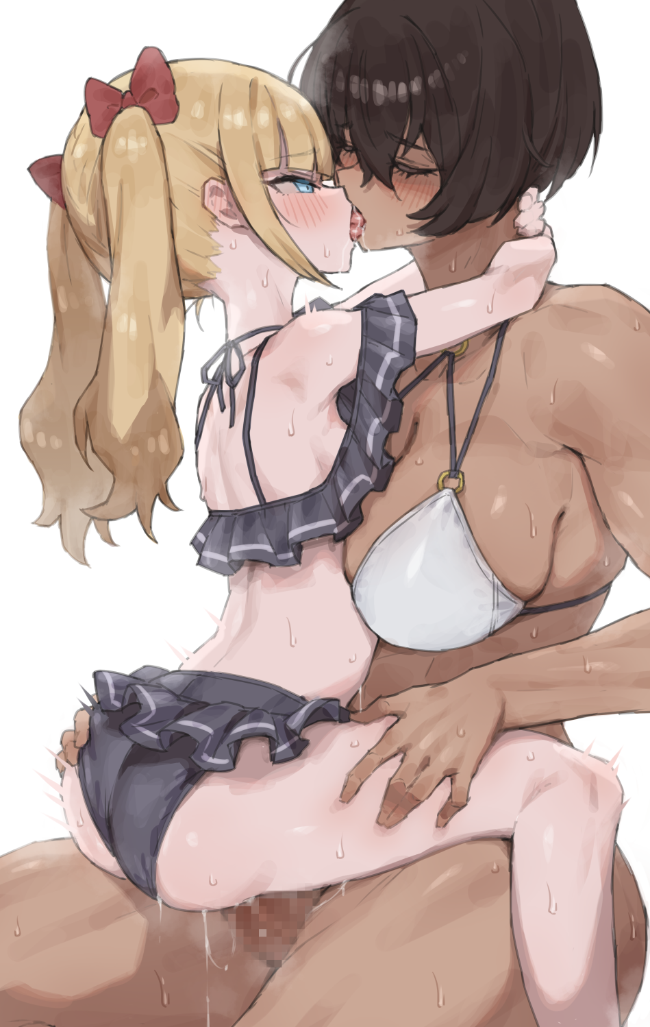 1futa 1girl arms_around_another&#039;s_neck arms_around_neck blonde_hair blush breasts brown_hair censored clothed_sex dark_skin french_kiss futa_with_female futanari girl_on_top grabbing_another&#039;s_ass groping happy_sex height_difference highres humping kei_(m_k) kiss large_breasts loli long_hair m_k original penis rika_(m_k) sex short_hair simple_background sitting sitting_on_lap sitting_on_person size_difference straddling sweat swimsuit tan thighs twintails upright_straddle vaginal