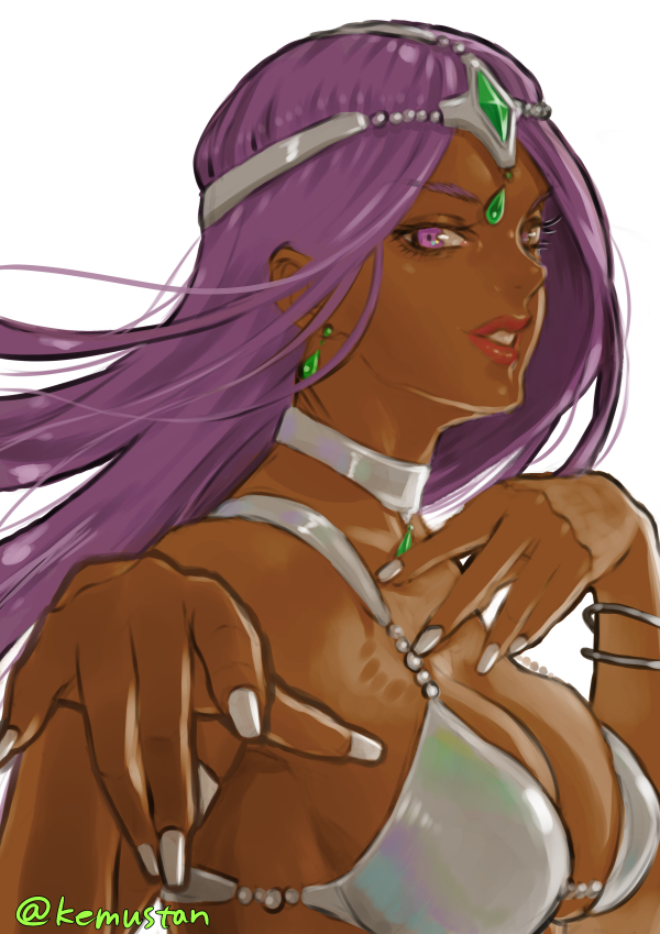 1girl breasts dark-skinned_female dark_skin dragon_quest dragon_quest_iv earrings forehead_jewel gem green_gemstone jewelry large_breasts long_hair looking_at_viewer manya_(dq4) metal_bikini parted_lips purple_eyes purple_hair simple_background smile solo sonomoto_shinzou_(natsume_kyouji) white_background white_nails