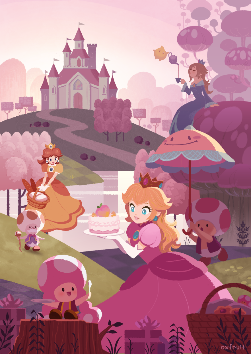 2boys 4girls basket blonde_hair bread cake cane castle crown cup dress field food gift grass hans_tseng highres lake luma_(mario) mario_(series) multiple_boys multiple_girls mushroom nintendo perry_(mario) picnic_basket plate pouring princess_daisy princess_peach rosalina sitting super_mario_galaxy tea_kettle teacup toad_(mario) toadette toadsworth tree tree_stump