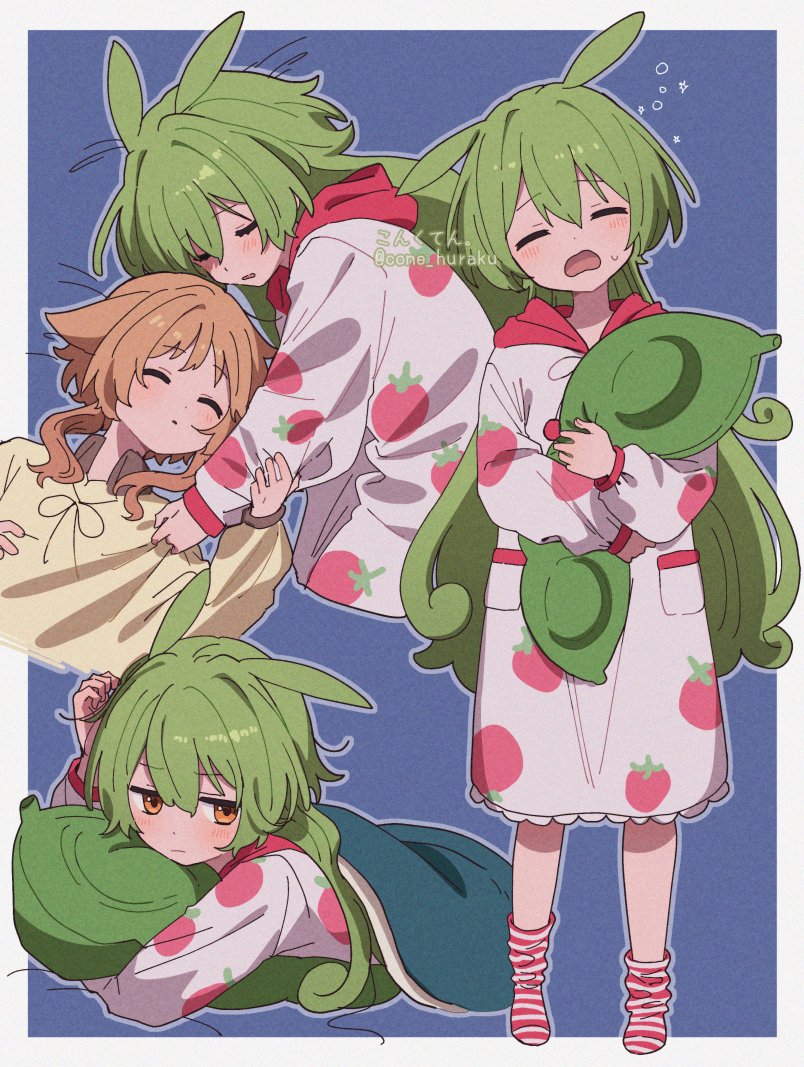 2girls :| alternate_hairstyle animal_ears blue_background blush border character_request closed_eyes closed_mouth corn_kuten cropped_legs dot_nose expressionless facing_viewer food_print fruit_print green_hair grey_outline hair_between_eyes holding_another&#039;s_arm hood hood_down hoodie hugging_object long_hair long_sleeves looking_at_viewer loose_socks multiple_girls multiple_views no_shoes open_mouth orange_eyes ouka_miko outline pillow pillow_hug print_hoodie rabbit_ears red_socks shirt sidelocks simple_background sleepy socks squeans standing straight_hair strawberry_print striped_clothes striped_socks twitter_username two-tone_socks utau voicevox white_border white_hoodie white_socks yellow_shirt zundamon