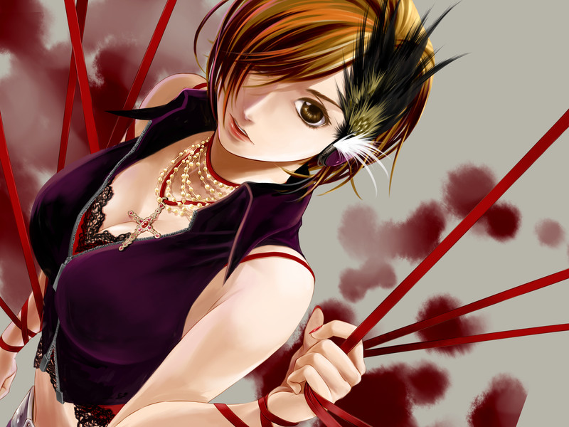 1girl brown_eyes brown_hair cross female_focus hair_ornament hair_over_one_eye headphones jewelry meiko_(vocaloid) necklace red_ribbon ribbon short_hair solo toyu vocaloid