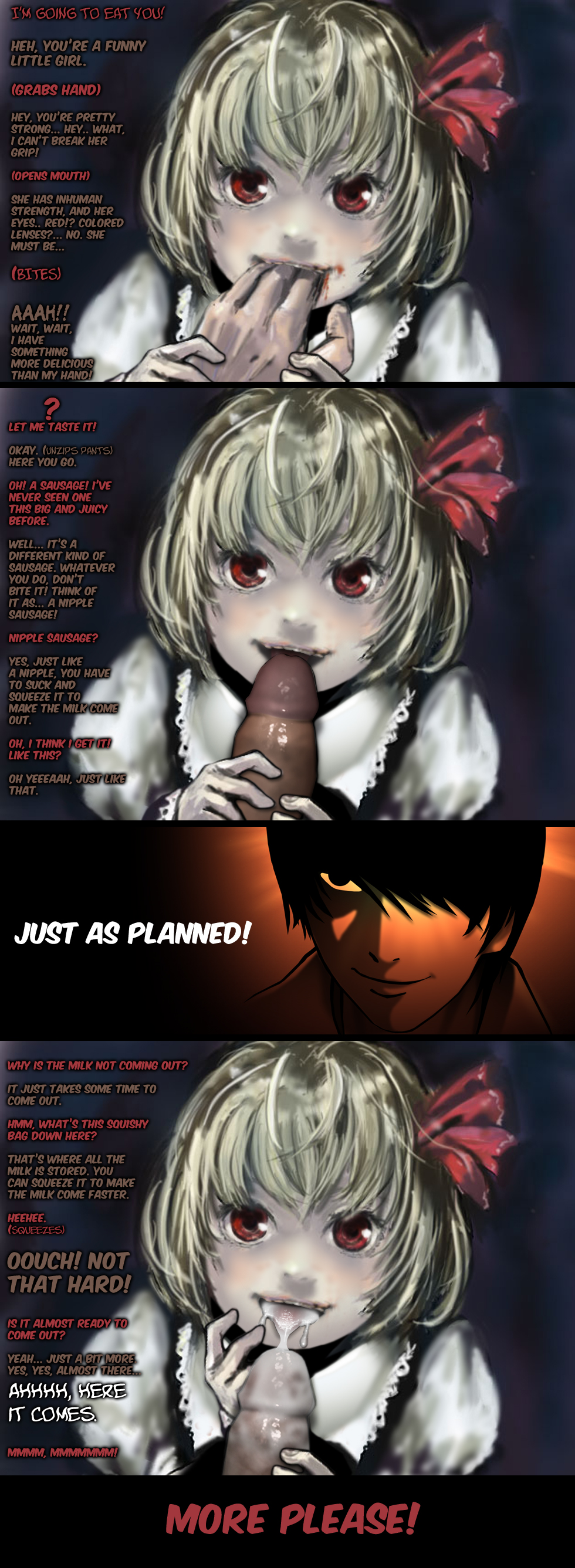 00s 1boy 1girl absurdres blonde_hair blood cum cum_in_mouth death_note embodiment_of_scarlet_devil fellatio good_end hard-translated hetero highres just_as_planned_(meme) meme oral penis red_eyes ribbon rumia ryu_(gaquarium) short_hair third-party_edit touhou translated uncensored yagami_light