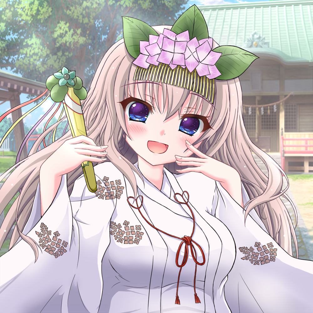 1girl 9-nine- :d alternate_costume blue_eyes blush brown_hair commentary_request day eyes_visible_through_hair fingernails folding_fan hair_between_eyes hair_ornament hand_fan hands_up happy holding holding_fan japanese_clothes kimono kujou_miyako leaf_hair_ornament long_hair long_sleeves looking_at_viewer miko nineball0211 open_mouth outdoors shrine smile solo upper_body white_kimono wide_sleeves