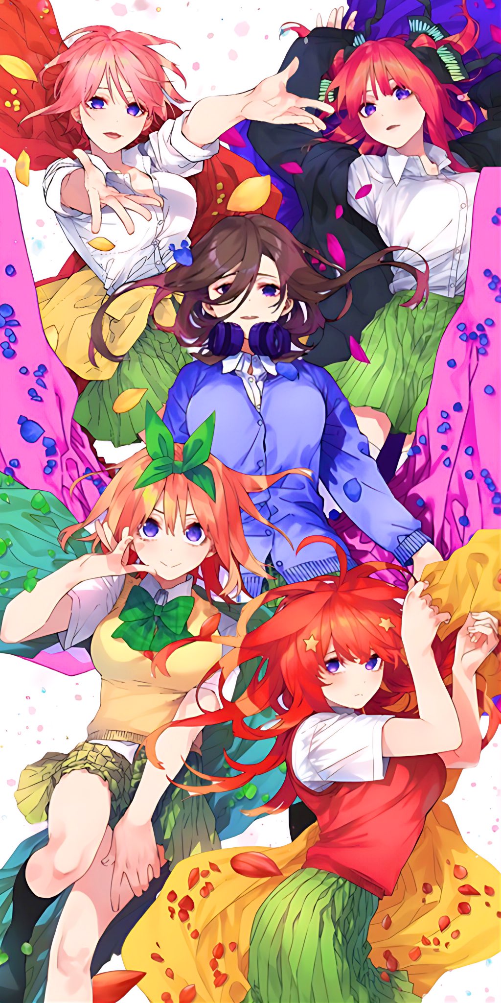 5girls ahoge arms_up black_jacket black_pantyhose black_socks blue_petals blue_sweater blue_sweater_vest blue_vest blush bow bowtie breasts brown_hair butterfly_hair_ornament cloak closed_eyes clothes_around_waist collar collarbone dot_nose female_focus full_body go-toubun_no_hanayome grabbing_clothes green_bow green_bowtie green_cloak green_petals green_ribbon green_skirt hair_between_eyes hair_bow hair_ornament hair_ribbon haruba_negi headphones headphones_around_neck highres jacket jacket_around_waist kneehighs large_breasts legs long_hair long_sleeves looking_back lying miniskirt multiple_girls nakano_ichika nakano_itsuki nakano_miku nakano_nino nakano_yotsuba official_art on_back on_side open_clothes open_mouth orange_hair pantyhose petals pink_cloak pink_hair pink_petals pleated_skirt purple_cloak purple_eyes quintuplets red_cloak red_hair red_petals red_sweater red_sweater_vest ribbon shirt short_hair shorts siblings simple_background sisters skirt smile socks star_(symbol) star_hair_ornament stitched sweater sweater_vest thighhighs thighs third-party_edit vest white_background white_shirt white_thighhighs yellow_cloak yellow_jacket yellow_petals yellow_sweater yellow_sweater_vest yellow_vest zettai_ryouiki