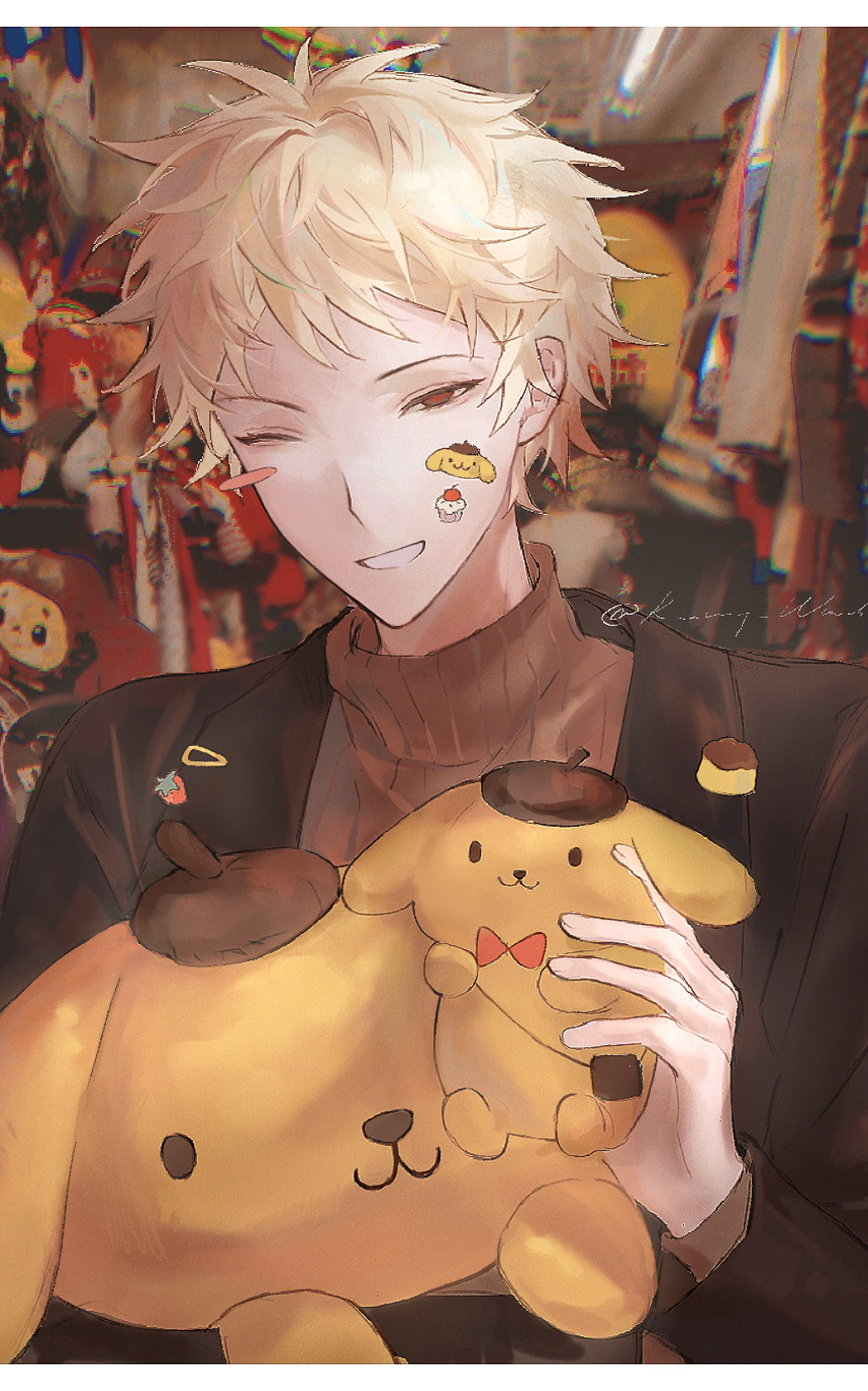 1boy atou_haruki black_jacket blonde_hair blush_stickers brown_sweater chinese_commentary commentary_request food fruit grin highres holding holding_stuffed_toy jacket letterboxed long_sleeves male_focus one_eye_closed open_clothes open_jacket pompompurin pudding red_eyes ribbed_sweater saibou_shinkyoku sanrio short_hair single_blush_sticker smile solo strawberry stuffed_animal stuffed_dog stuffed_toy sweater turtleneck turtleneck_sweater upper_body zhiyanpianyu55126