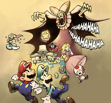 2girls 6+boys @_@ beans bean_star blonde_hair cackletta cape castle dress facial_hair fawful food hard-translated hat landscape laughing looking_back lowres luigi mario mario_&amp;_luigi_rpg mario_(series) multiple_boys multiple_girls mustache nintendo official_art popple prince prince_peasley princess princess_peach riding running sparkle super_mario_bros._1 superstar_saga third-party_edit toad_(mario) translated tree water
