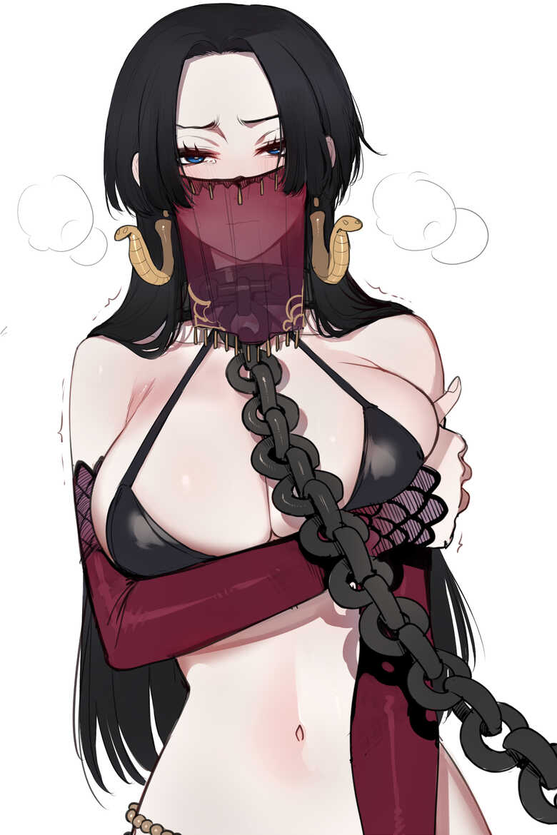 1girl arm_under_breasts arms_under_breasts bikini black_hair blue_eyes boa_hancock breasts chain chain_leash cleavage collar earrings harem_outfit heavy_breathing jewelry large_breasts leash long_hair looking_at_viewer metal_collar mouth_veil narrow_waist navel nervous one_piece paid_reward ratatatat74 see-through_clothes slave solo swimsuit trembling veil white_background