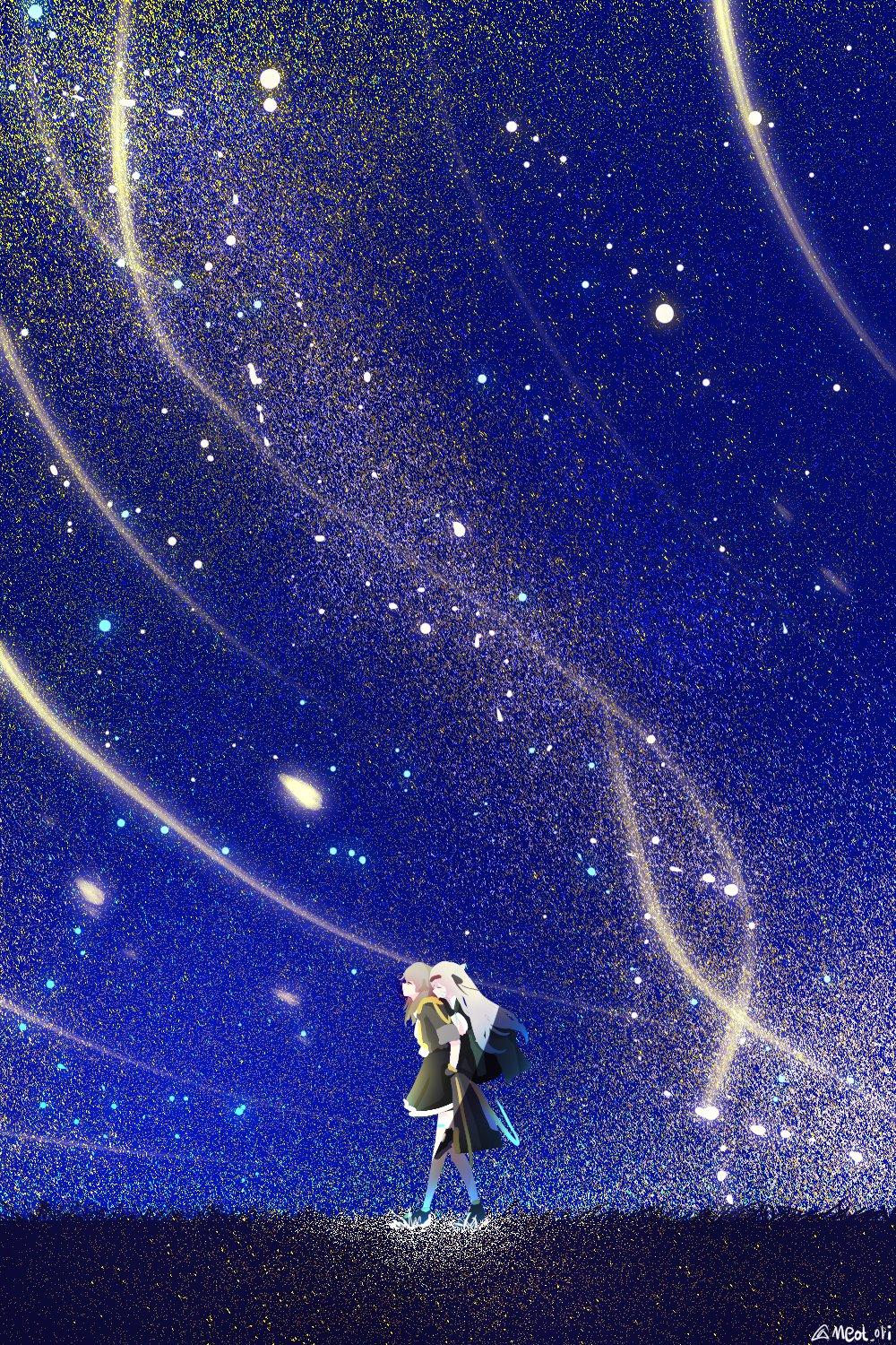 carrying closed_eyes electronduck firefly_(honkai:_star_rail) firefly_(jepella_rebellion)_(honkai:_star_rail) grey_hair hair_ornament hair_ribbon hairband highres honkai:_star_rail honkai_(series) jacket piggyback ribbon shooting_star skirt sky star_(sky) starry_sky stelle_(honkai:_star_rail) trailblazer_(honkai:_star_rail)