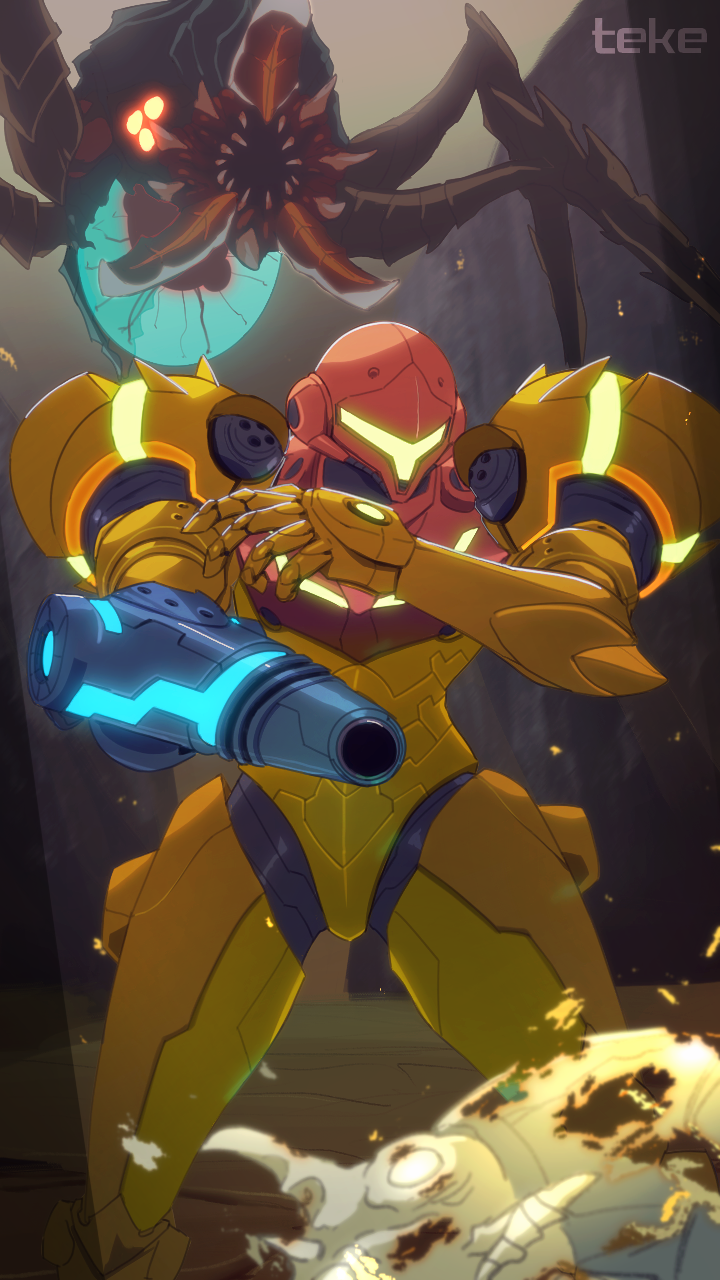 1girl armor gamma_metroid green_visor highres metroid metroid:_samus_returns metroid_(creature) nintendo orange_eyes power_suit power_suit_(metroid) samus_aran sharp_teeth shoulder_armor signature solo teeth teke varia_suit