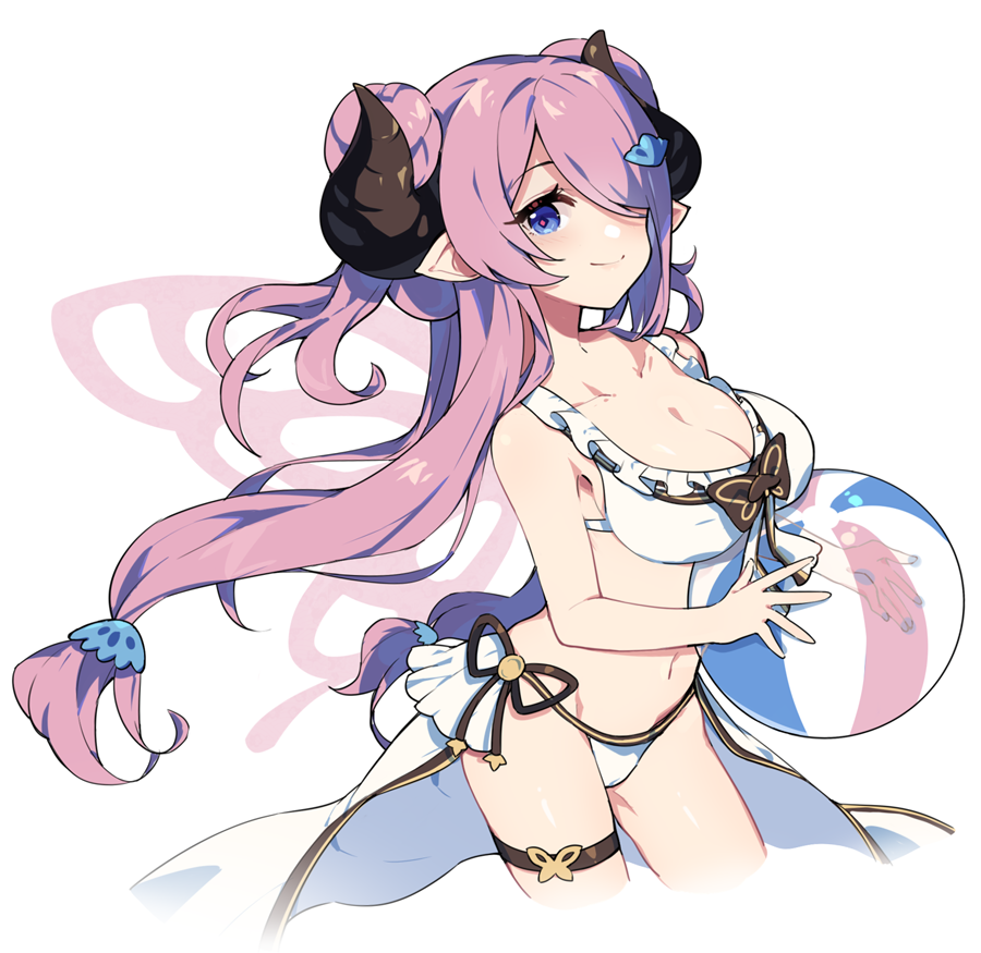 alternate_costume alternate_hairstyle ball beachball bikini blue_eyes breasts bug butterfly conch draph frilled_bikini frills front-tie_bikini_top front-tie_top granblue_fantasy hair_over_one_eye insect large_breasts long_hair low-tied_long_hair narmaya_(granblue_fantasy) narmaya_(summer)_(granblue_fantasy) pointy_ears purple_eyes ribbon sharlorc showgirl_skirt side-tie_bikini_bottom smile solo swimsuit twintails white_background white_bikini