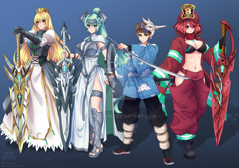 1boy 3girls aegis_sword_(xenoblade) ahoge armor armored_dress artist_request artoria_pendragon_(fate) baggy_pants bare_shoulders bikini bikini_top_only black_bikini blonde_hair blush breasts brown_hair character_request checkered_haori coat commentary copyright_request cosplay crossover demon_slayer_uniform dress en&#039;en_no_shouboutai fate_(series) fire firefighter_jacket gauntlets gloves green_eyes green_hair hands_on_hilt haori headpiece hip_vent holding holding_shield holding_sword holding_weapon jacket japanese_clothes kamado_tanjirou kamado_tanjirou_(cosplay) kimetsu_no_yaiba large_breasts long_hair long_sleeves looking_at_viewer metal_gloves miike-san multiple_girls mythra_(xenoblade) open_clothes open_coat pants pneuma_(xenoblade) ponytail pyra_(xenoblade) red_coat red_eyes red_hair red_pants rex_(xenoblade) saber_(fate) saber_(fate)_(cosplay) shield short_hair swept_bangs swimsuit sword tamaki_kotatsu tamaki_kotatsu_(cosplay) very_long_hair weapon xenoblade_chronicles_(series) xenoblade_chronicles_2 yellow_eyes