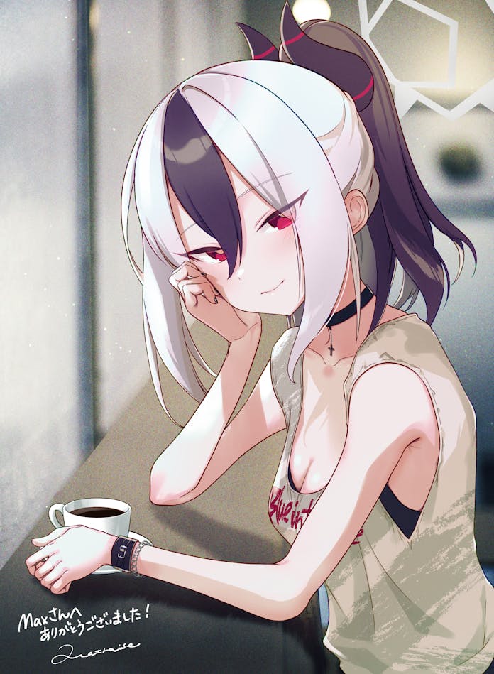 1girl black_choker black_hair black_horns blue_archive blurry blurry_background breasts brown_shirt choker cleavage coffee coffee_mug commentary_request commission cross cross_choker cup demon_horns grey_hair halo hand_on_own_cheek hand_on_own_face horns kayoko_(blue_archive) looking_at_viewer medium_breasts mug multicolored_hair ponytail quatraise red_eyes shirt sitting skeb_commission solo translation_request two-tone_hair wrist_belt