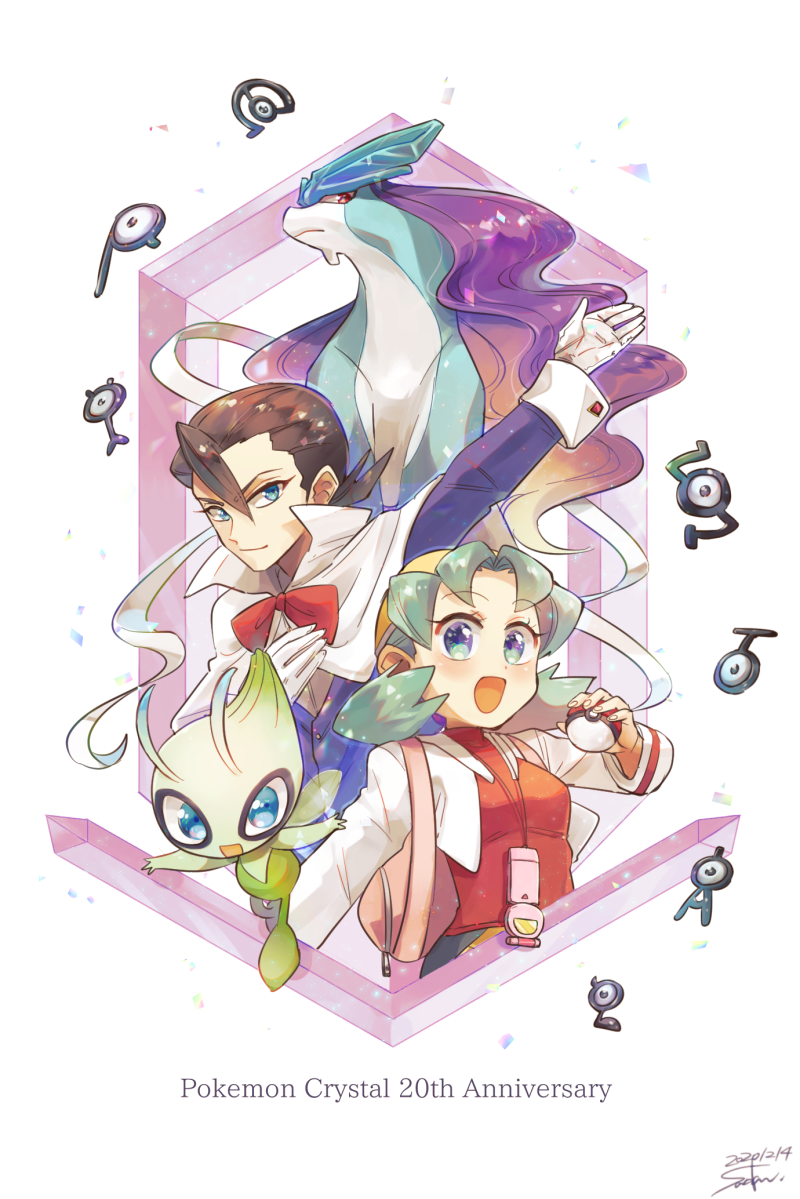 1boy 1girl :d anniversary antennae arm_up blue_eyes blue_hair blush bow bowtie brown_hair cape celebi closed_mouth commentary_request cropped_jacket eusine_(pokemon) game_freak gen_2_pokemon gloves hair_between_eyes hat holding holding_poke_ball jacket kris_(pokemon) legendary_pokemon long_hair long_sleeves mythical_pokemon nintendo open_clothes open_jacket open_mouth poke_ball poke_ball_(basic) pokemon pokemon_(creature) pokemon_gsc red_bow red_bowtie red_shirt sadanwo shirt short_hair smile suicune twintails unown unown_a unown_c unown_l unown_r unown_s unown_t unown_y white_cape white_gloves white_jacket yellow_hat