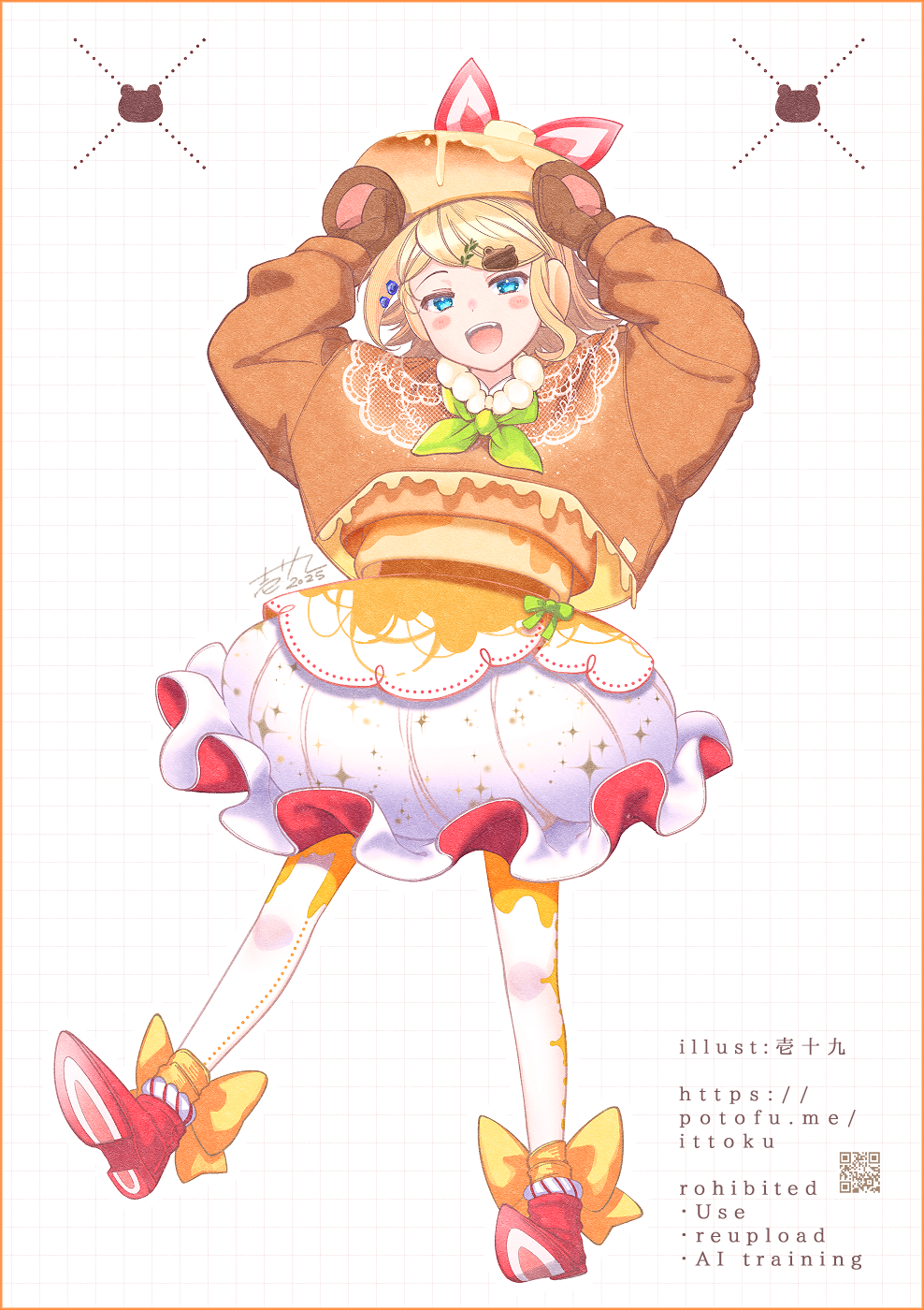 1girl :d arms_up bear_hair_ornament blonde_hair blue_eyes blush_stickers brown_mittens brown_shoes bubble_skirt commentary_request food-themed_clothes food_print frilled_skirt frills fruit_print full_body green_neckerchief grid_background hair_ornament highres ittokyu kagamine_rin long_sleeves looking_at_viewer mittens neckerchief open_mouth pantyhose puffy_long_sleeves puffy_sleeves qr_code red_shoes shoe_soles shoes skirt smile solo strawberry_print swept_bangs vocaloid watermark web_address white_background white_pantyhose white_skirt