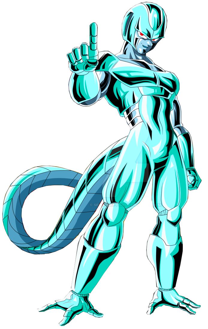 1boy android blue_skin colored_skin cooler_(dragon_ball) dragon_ball dragonball_z finger_up hand_up looking_at_viewer male_focus meta-cooler metal_cooler metal_skin open_mouth pectorals red_eyes robot shiny_skin smile solo standing tagme tail