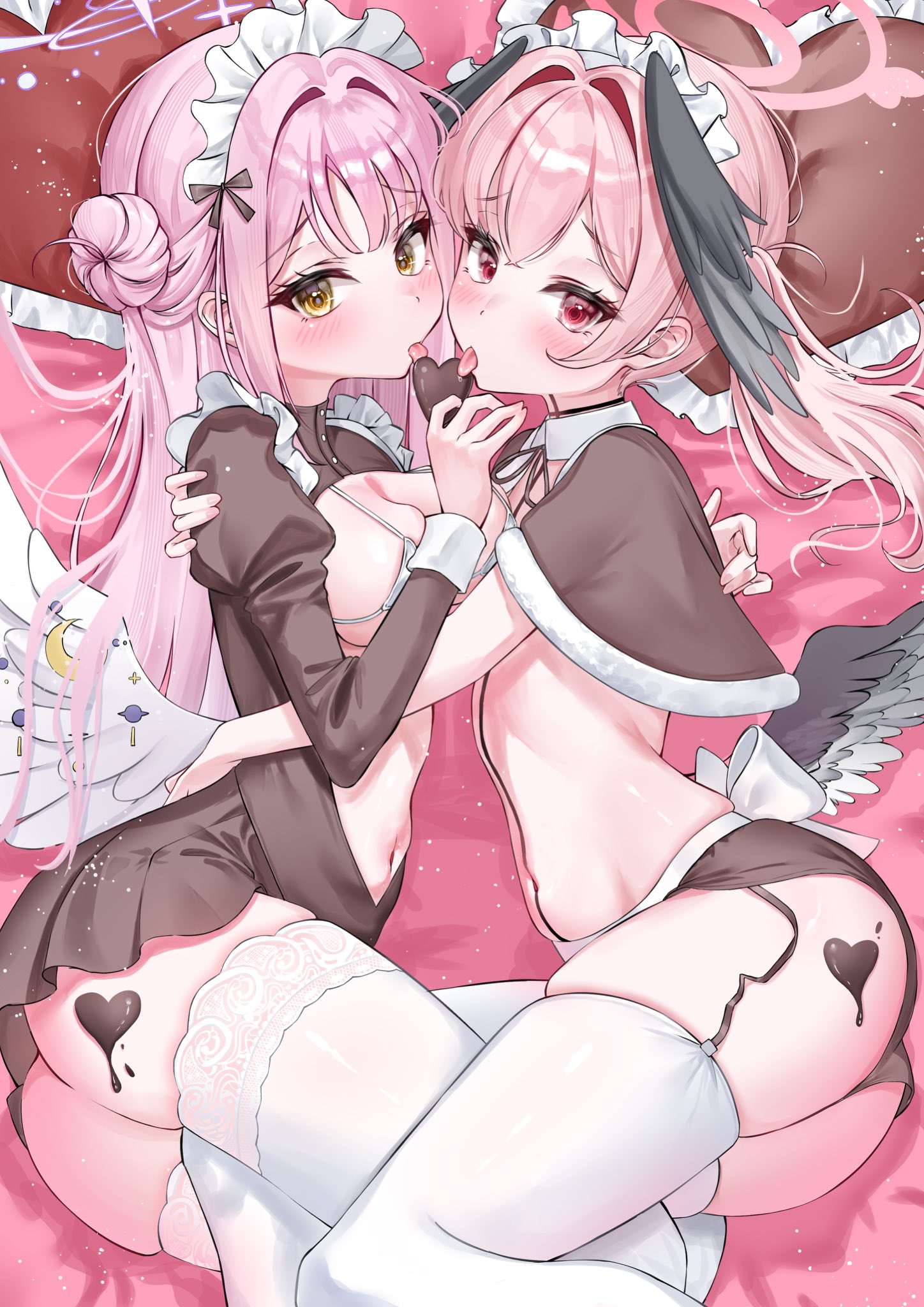 2girls alternate_costume apron ass asymmetrical_docking back_bow bed_sheet black_bow black_choker black_wings blue_archive blunt_bangs blush bow breast_press breasts brown_capelet brown_skirt candy capelet chocolate chocolate_heart choker commentary detached_collar enmaided eyelashes feathered_wings feet_out_of_frame food frilled_pillow frills furrowed_brow garter_straps hair_between_eyes hair_bow hair_bun hair_intakes halo happy_valentine head_wings heart heart-shaped_food heart-shaped_pillow highres hug juliet_sleeves koharu_(blue_archive) large_breasts licking long_hair long_sleeves looking_at_viewer low_wings lying maid maid_apron maid_headdress mika_(blue_archive) miniskirt multiple_girls navel no_headwear on_side panties pillow pink_hair pink_halo pleated_skirt puffy_sleeves red_eyes ribbon single_side_bun skindentation skirt small_breasts thighhighs thighs tongue tongue_out twintails underwear valentine wfa5051 white_bow white_panties white_ribbon white_thighhighs white_wings wings yellow_eyes
