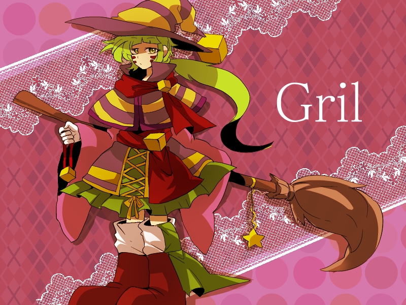 1girl argyle_background argyle_clothes boots broom capelet character_name closed_mouth collared_capelet commentary_request cross-laced_clothes cross-laced_skirt cube_hat_ornament facial_mark frilled_skirt frills full_body green_eyes green_hair green_sash green_skirt gryll_(kirby) hat high_collar holding holding_broom holding_ornament humanization kirby_(series) knee_boots lace layered_skirt light_frown long_hair long_sleeves looking_at_viewer low_ponytail miniskirt nintendo pink_background pink_sleeves polka_dot polka_dot_background ponytail purple_capelet purple_headwear purple_skirt red_footwear red_sash red_scarf ribbon sash scarf shadow shirushiki skirt sleeves_past_wrists socks striped_capelet striped_clothes striped_headwear two-tone_capelet two-tone_headwear typo white_socks wide_sleeves witch_hat yellow_capelet yellow_headwear yellow_ribbon