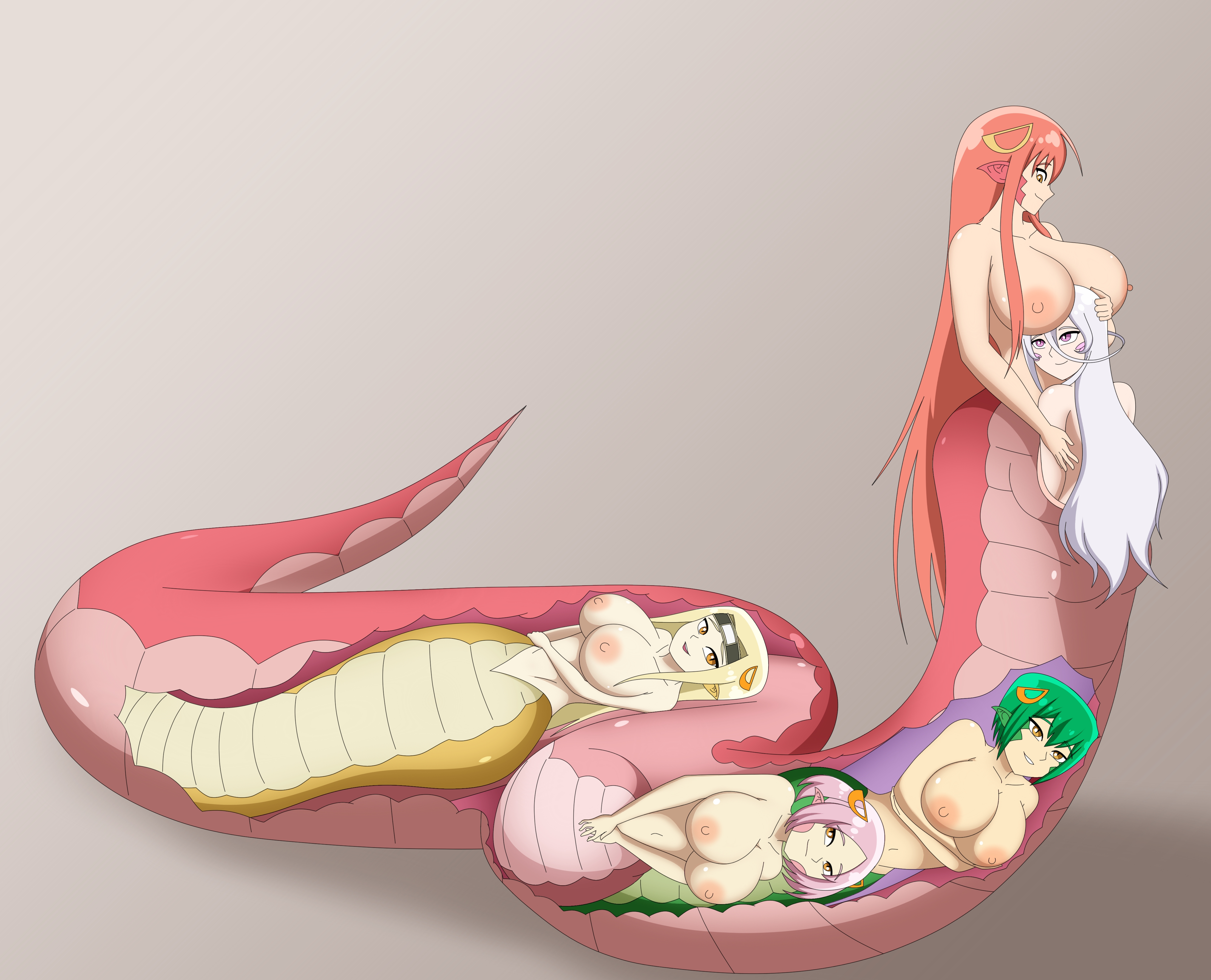 maru (monster musume), miia (monster musume), sanka (monster musume),  saphentite neikes, shequa (monster musume), monster musume no iru nichijou, monster  musume no oisha-san, absurdres, highres, 4girls, blonde hair, breasts,  green hair, headband,