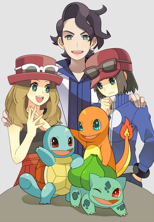 1girl 2boys professor_sycamore black_hair blue_jacket brown_hair bulbasaur calem_(pokemon) charmander closed_mouth eyewear_on_headwear fingerless_gloves fire flame-tipped_tail gen_1_pokemon gloves hand_on_another&#039;s_shoulder hat himari_g_(sr) interlocked_fingers jacket multiple_boys nintendo open_mouth pokemon pokemon_(creature) pokemon_xy red_hat serena_(pokemon) short_hair sideburns squirtle starter_pokemon_trio tail thinking