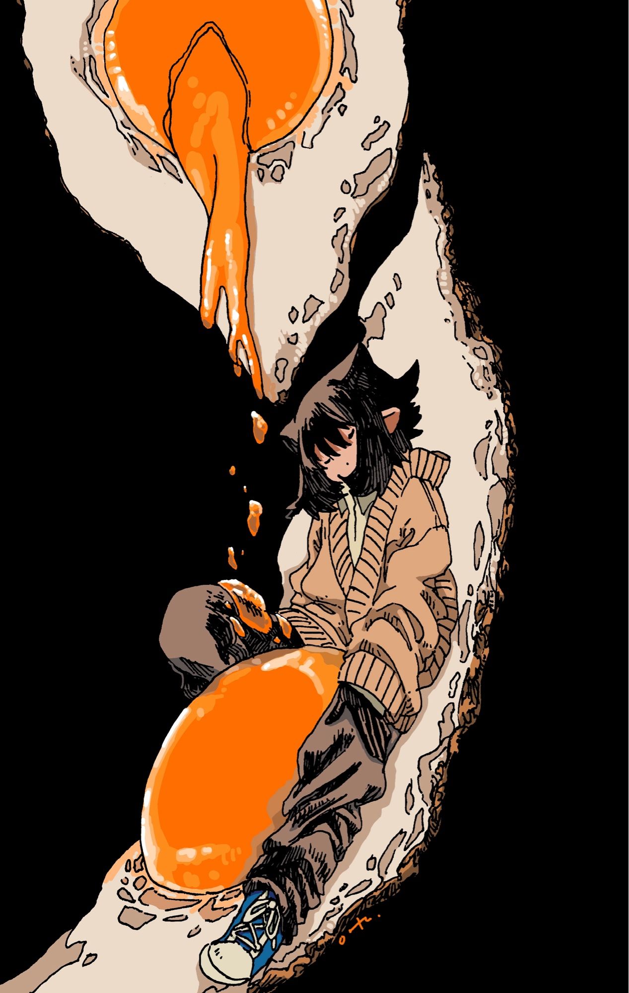 1girl black_background black_hair black_pants blue_shoes brown_cardigan cardigan closed_eyes closed_mouth collared_shirt dripping fried_egg full_body hair_horns highres knee_up long_sleeves omitasi on_food original oversized_food oversized_object pants pointy_ears shirt shoes short_hair simple_background sneakers solo white_shirt