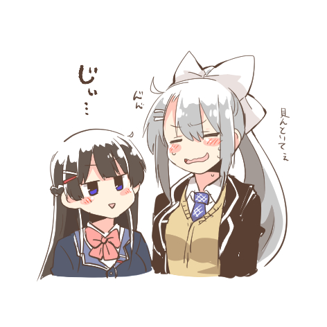 2girls :&gt; black_hair black_jacket blazer blue_eyes blue_necktie blush_stickers bow brown_cardigan cardigan chibi closed_eyes collared_shirt cropped_torso grey_hair hair_between_eyes hair_bow hair_ornament hairclip higuchi_kaede higuchi_kaede_(1st_costume) jacket long_hair lowres multiple_girls necktie nijisanji open_clothes open_jacket open_mouth pink_bow ponytail rebecca_(keinelove) school_uniform shirt simple_background smile sweat translation_request tsukino_mito tsukino_mito_(1st_costume) upper_body very_long_hair virtual_youtuber wavy_mouth white_background white_bow white_shirt
