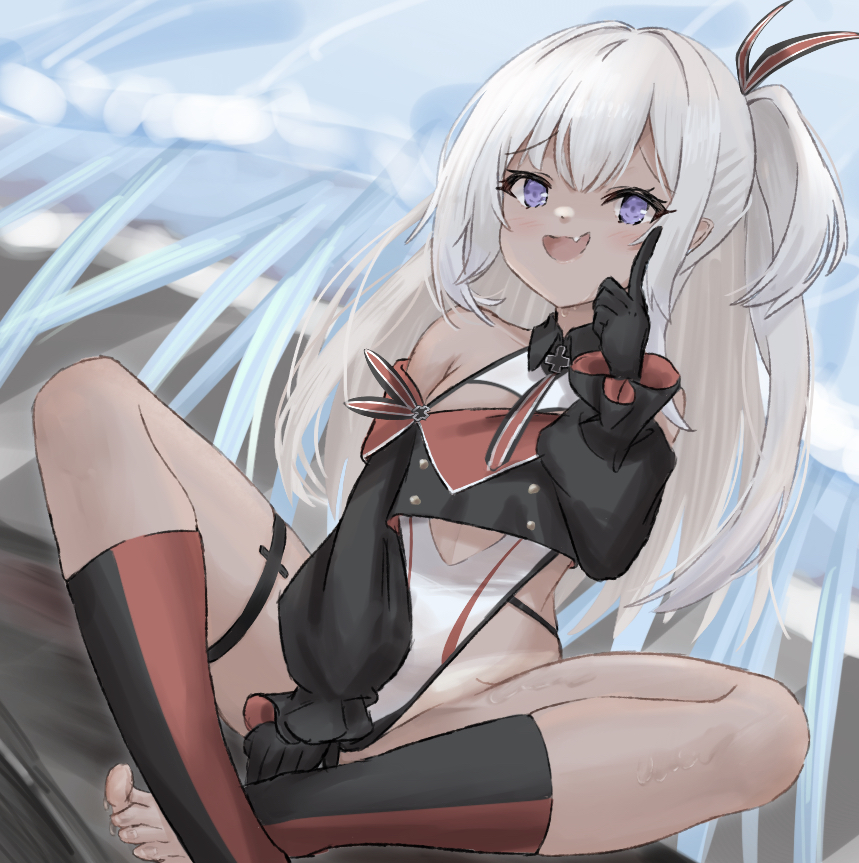 1girl :d azur_lane bare_shoulders between_legs black_gloves blush breasts buttons commentary_request crop_top cross crossed_legs dark-skinned_female dark_skin detached_collar double-breasted fang full_body gloves hair_between_eyes hair_ribbon hand_between_legs hand_up index_finger_raised iron_cross jellyfish legs light_brown_hair long_hair looking_at_viewer midriff midriff_peek mumei_shumi off-shoulder_jacket off_shoulder open_mouth purple_eyes ribbon side_ponytail small_breasts smile solo spread_legs striped_ribbon swimsuit swimsuit_under_clothes thigh_strap thighs u-31_(azur_lane) very_long_hair