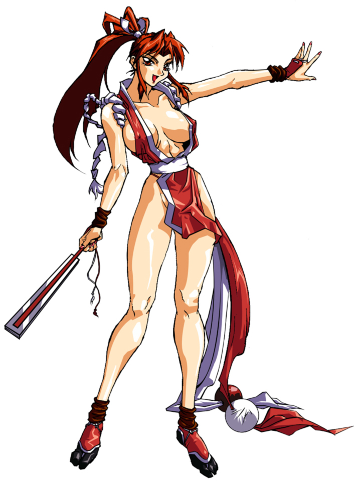 1girl bare_hips bare_legs bare_shoulders breasts fang fatal_fury female_focus folded_fan folding_fan full_body gloves hand_fan hellstinger japanese_clothes large_breasts long_hair long_legs looking_at_viewer ninja oobari_masami open_mouth ponytail revealing_clothes shiranui_mai simple_background smile snk solo standing