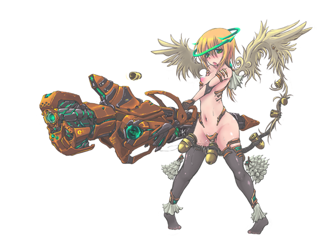 1girl ammunition_belt angel angel_wings bare_shoulders black_thighhighs blush breasts feathered_wings game_cg green_eyes green_halo hair_between_eyes halo holding holding_weapon huge_weapon large_variant_set medium_hair mon-musu_quest! mon-musu_quest:_paradox navel no_shoes open_mouth orange_hair pussy_juice sandalphon_(mon-musu_quest!) small_breasts standing thighhighs tongue variant_set weapon wings xelvy