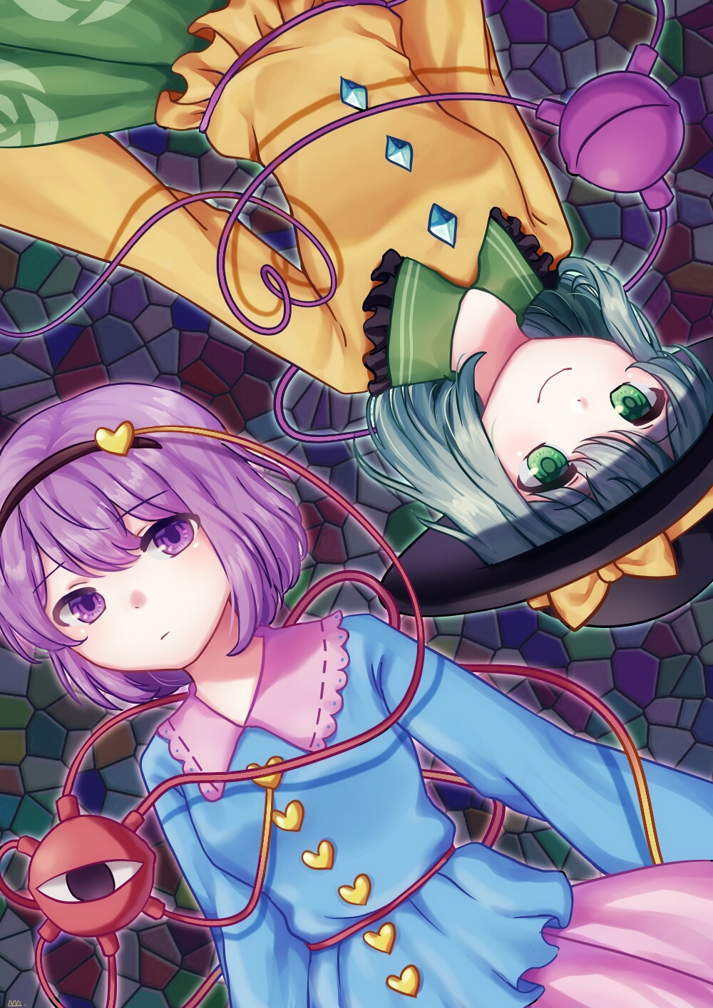 2girls black_hat blue_shirt bow buttons collar colorful_background crystal dark_background elosia floral_print floral_print_skirt frilled_collar frills green_collar green_eyes green_hair green_skirt hat heart_button highres komeiji_koishi komeiji_satori long_sleeves looking_at_viewer medium_hair multiple_girls pink_collar pink_skirt print_skirt purple_eyes purple_hair shirt skirt stained_glass third_eye touhou upper_body upside-down yellow_bow