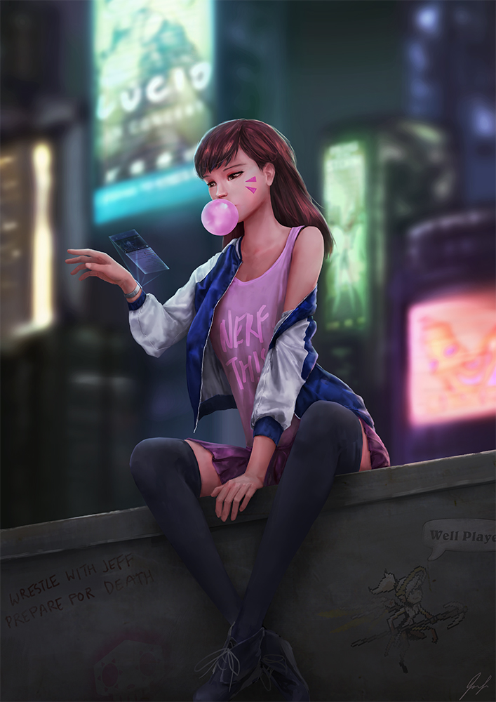 1girl arm_support augmented_reality between_legs black_thighhighs blowing_bubbles brown_hair cameo casual catchphrase cheesewoo chewing_gum city commentary d.va_(overwatch) english_text expressive_clothes facepaint facial_mark female_focus graffiti holographic_interface holographic_touchscreen jacket leaning_forward light long_hair long_sleeves meme mercy_(overwatch) night off_shoulder outdoors overwatch overwatch_1 pink_shirt pleated_skirt purple_skirt shirt shoes sitting skirt smartwatch sneakers solo speech_bubble tank_top text_focus thighhighs watch whisker_markings wristwatch zettai_ryouiki