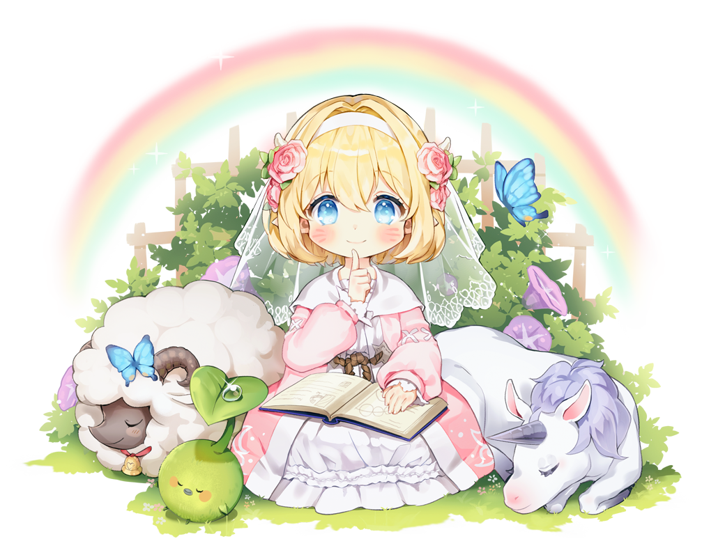 blonde_hair blue_eyes blush book book_on_lap breasts bug bush butterfly capelet commentary_request dress eyebrows_hidden_by_hair final_fantasy final_fantasy_xiv finger_to_mouth flower frilled_dress frills grass hair_between_eyes hair_flower hair_ornament hairband insect jitter korpokkur_(final_fantasy) lalafell looking_at_viewer nightgown pink_flower pink_robe pointy_ears rainbow robe see-through_clothes see-through_veil sheep short_hair shushing sleeping small_breasts sparkle unicorn veil water_drop white_background white_capelet white_dress white_hairband white_nightgown