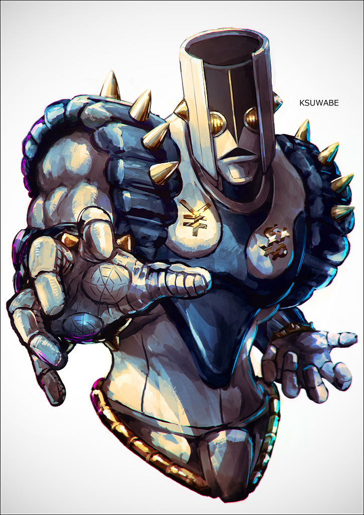1other armor artist_name closed_mouth diamond_wa_kudakenai jojo_no_kimyou_na_bouken k-suwabe looking_at_viewer no_humans pauldrons shoulder_armor simple_background solo stand_(jojo) the_hand_(stand) white_background yellow_eyes