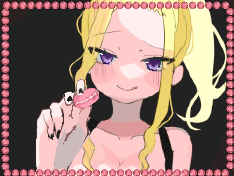 1girl :d bare_shoulders black_nails blonde_hair blush collarbone food framed game_cg holding holding_food looking_at_viewer macaron open_mouth oyumeno ponytail purple_eyes raised_eyebrow ravona smile yamikko_troublemaker