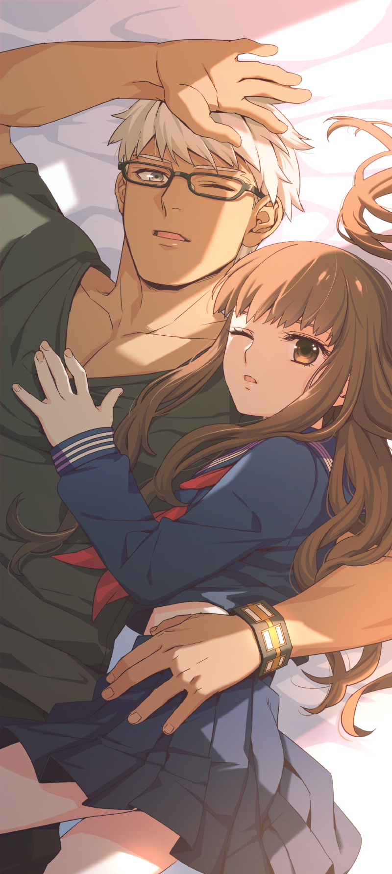 1boy 1girl archer_(fate) archer_(modern_black_costume)_(fate) black_serafuku brown_eyes brown_hair collarbone dark-skinned_male dark_skin fate/extra fate/extra_ccc fate_(series) glasses highres kishinami_hakuno_(female) long_hair looking_at_viewer midriff one_eye_closed pleated_skirt school_uniform serafuku skirt tetsukuzu_tetsuko tsukumihara_academy_uniform_(fate/extra_ccc)