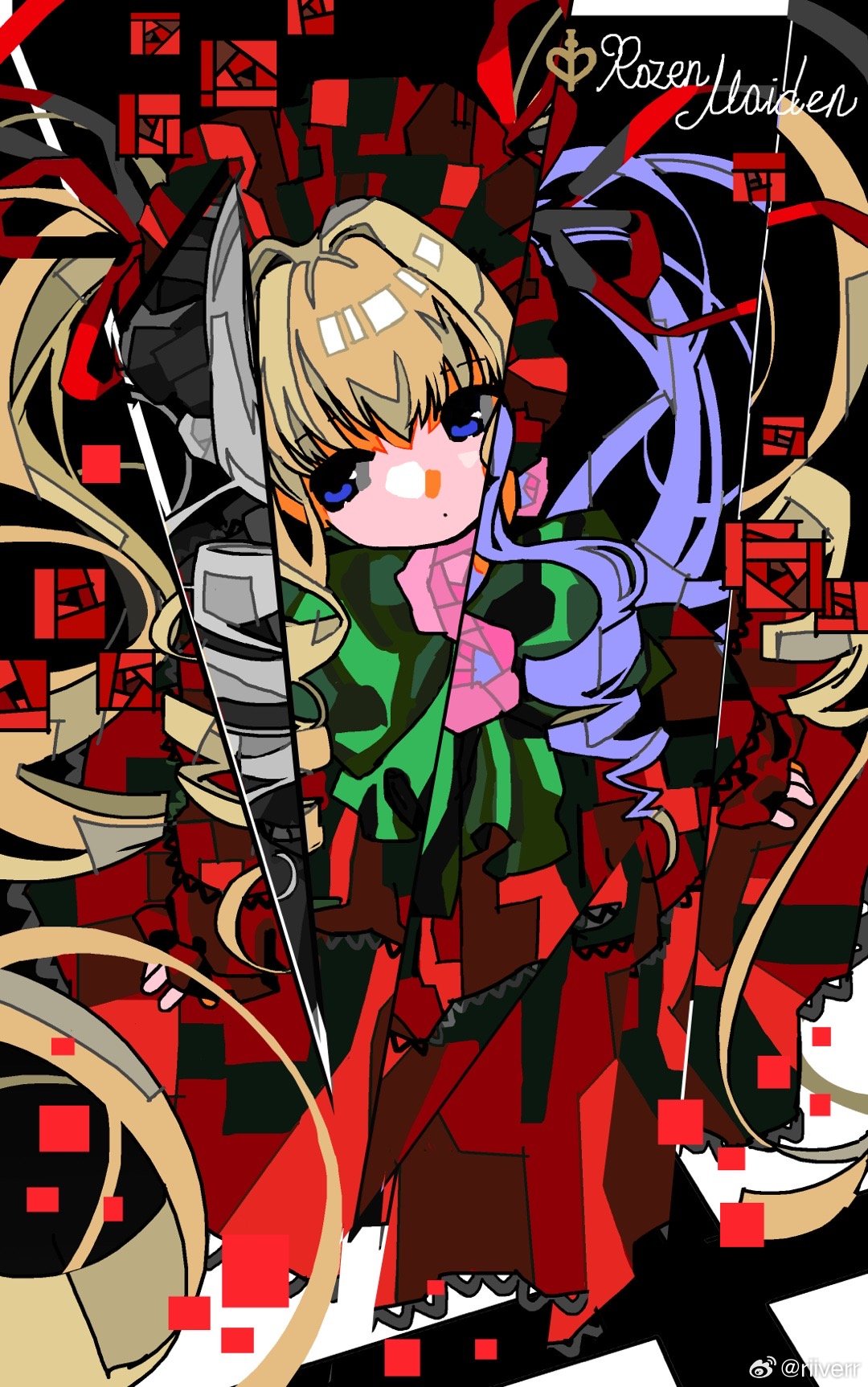 1girl abstract artist_name blonde_hair bonnet closed_mouth copyright_name dot_mouth dress drill_hair drill_sidelocks flower hair_ribbon highres looking_at_viewer purple_eyes red_bonnet red_dress red_flower red_rose ribbon riiverr rose rozen_maiden shinku sidelocks solo twin_drills