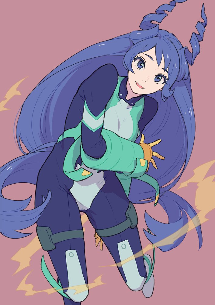 1girl blue_bodysuit blue_eyes blue_hair bodysuit boku_no_hero_academia breasts drill_hair gloves green_bodysuit hado_nejire hair_horns isshoku_(shiki) long_hair looking_at_viewer open_mouth simple_background skin_tight smile solo superhero_costume twin_drills very_long_hair yellow_gloves
