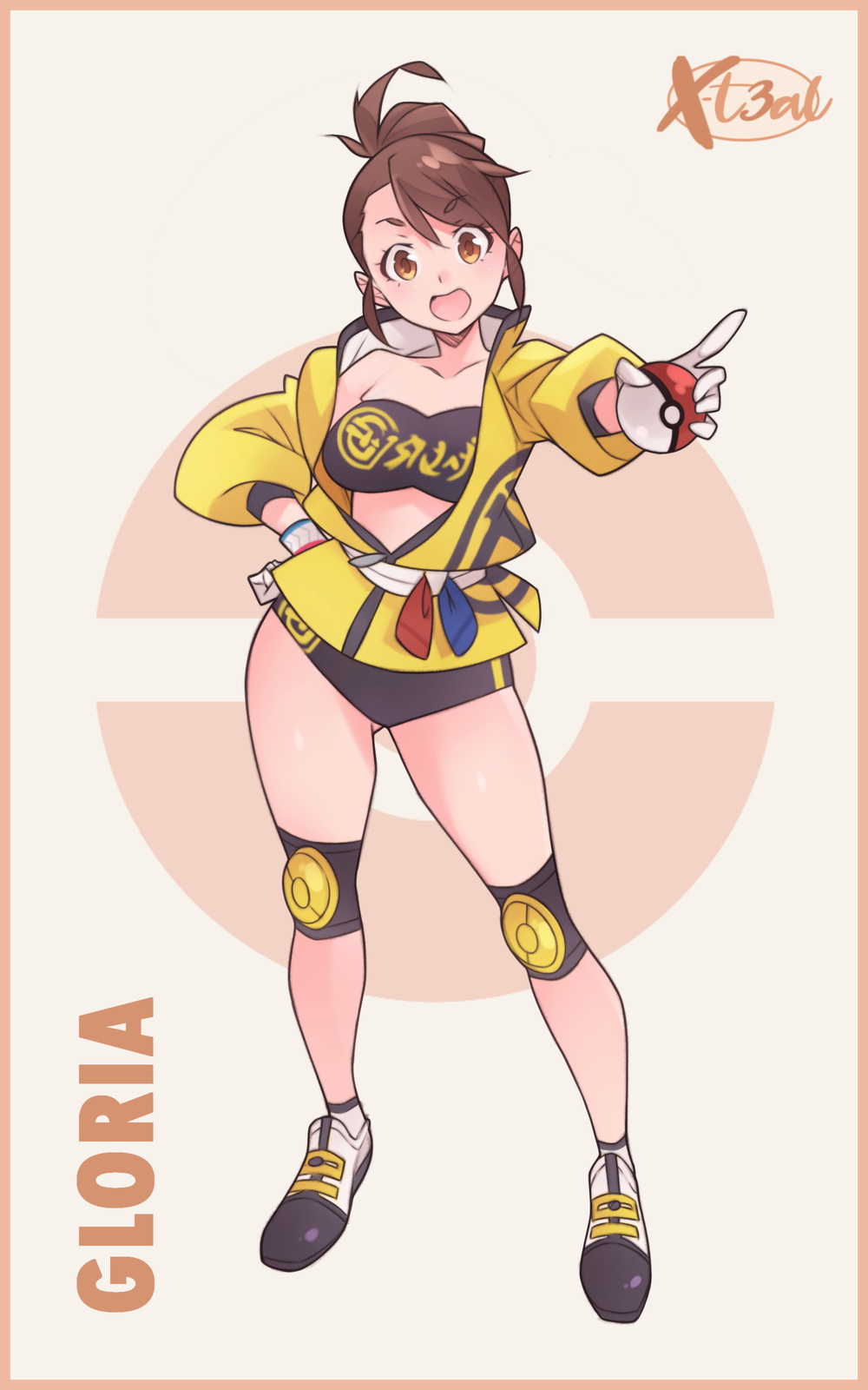 1girl bad_id bad_pixiv_id bandeau belt black_bandeau black_shorts breasts character_name contrapposto full_body gloria_(pokemon) gloves gym_shorts hair_bun highres japanese_clothes kimono knee_pads master_dojo_uniform medium_breasts nintendo official_alternate_costume open_clothes open_kimono open_mouth pokemon pokemon_swsh shoes short_hair short_kimono shorts single_hair_bun sneakers solo standing strapless updo white_belt white_gloves x-t3al yellow_kimono