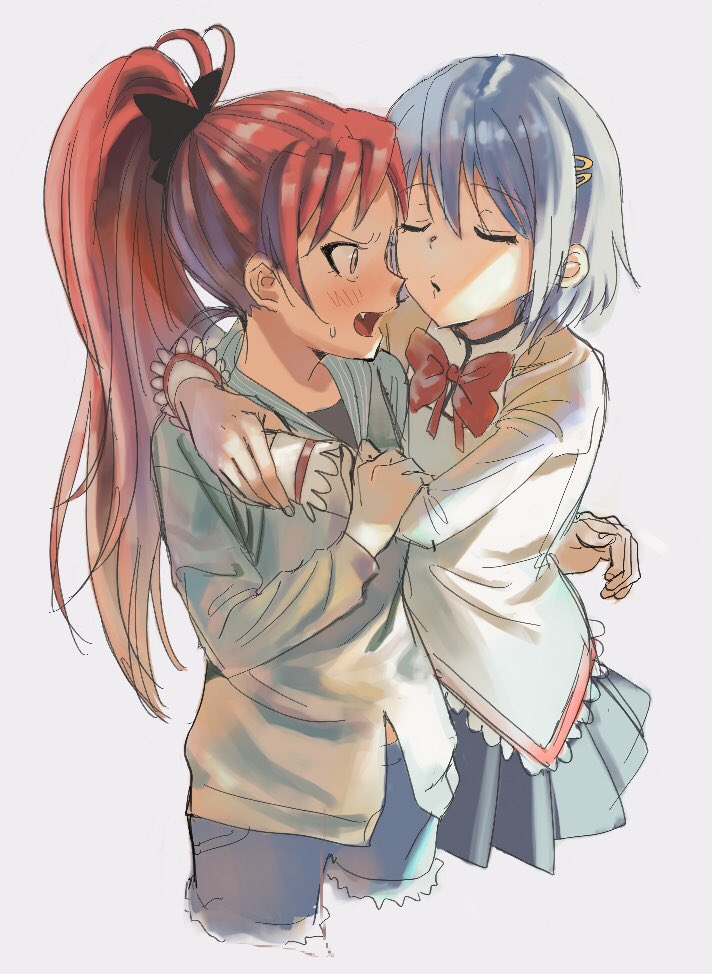 2girls arm_around_neck black_bow blue_hair blue_hoodie blush bow closed_eyes cropped_legs denim denim_shorts fang high_ponytail hood hoodie imminent_kiss long_hair mahou_shoujo_madoka_magica mahou_shoujo_madoka_magica_(anime) miki_sayaka mitakihara_school_uniform multiple_girls ponytail red_eyes red_hair sakura_kyoko school_uniform short-haired_girl_(osomatsu-san) short_hair shorts sweatdrop white_background yuri