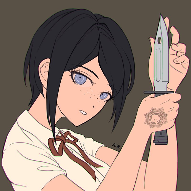 1girl arthasw black_hair blue_eyes bow brown_background danganronpa:_trigger_happy_havoc danganronpa_(series) freckles hand_tattoo hands_up holding holding_knife holding_weapon ikusaba_mukuro knife looking_at_viewer neck_ribbon open_mouth parted_bangs red_bow red_ribbon ribbon shirt simple_background tattoo tattoo_on_hand teeth weapon white_shirt